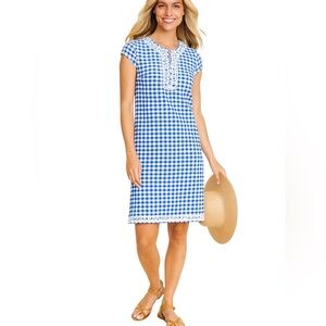 J. Mclaughlin Gingham Rhett Dress L  Blue White
Embroidered Spring Cruise Resort